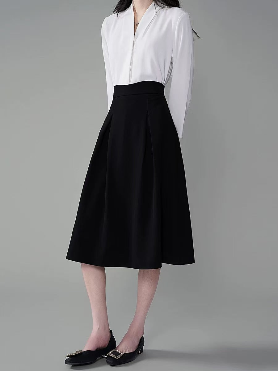 Women's Black High - Waisted A - Line Mid - Length Suit Skirt for Petite Figures, Professional Umbrella Skirt