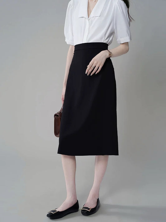 Women's Black High - Waisted A - Line Petite - Friendly Body - Hugging Interview Suit Mid - length Skirt