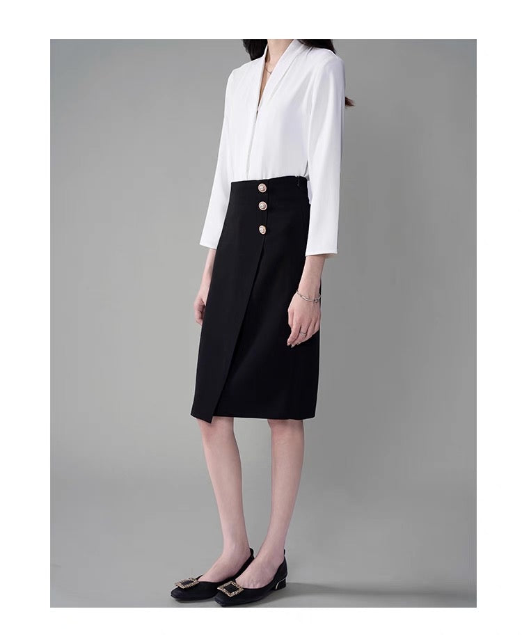 Women's Autumn Black High - Waisted Petite - Friendly Body - Hugging OL - Style Professional Suit Mid - length Skirt