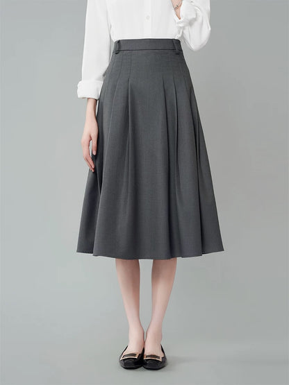 Women's Grey High - Waisted A - Line Flowing Pleated Skirt in Suit Style, Ideal for Workplace Interviews and Formal Attire