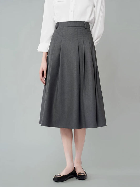 Women's Grey High - Waisted A - Line Flowing Pleated Skirt in Suit Style, Ideal for Workplace Interviews and Formal Attire