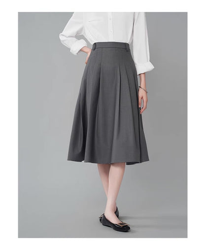 Women's Grey High - Waisted A - Line Flowing Pleated Skirt in Suit Style, Ideal for Workplace Interviews and Formal Attire