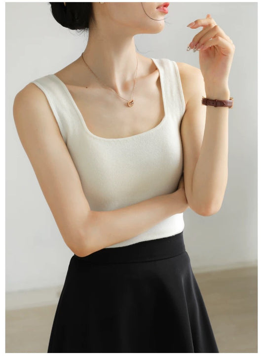 C.WHITE-French - style Square - neck Ice Silk Sling Vest for Women