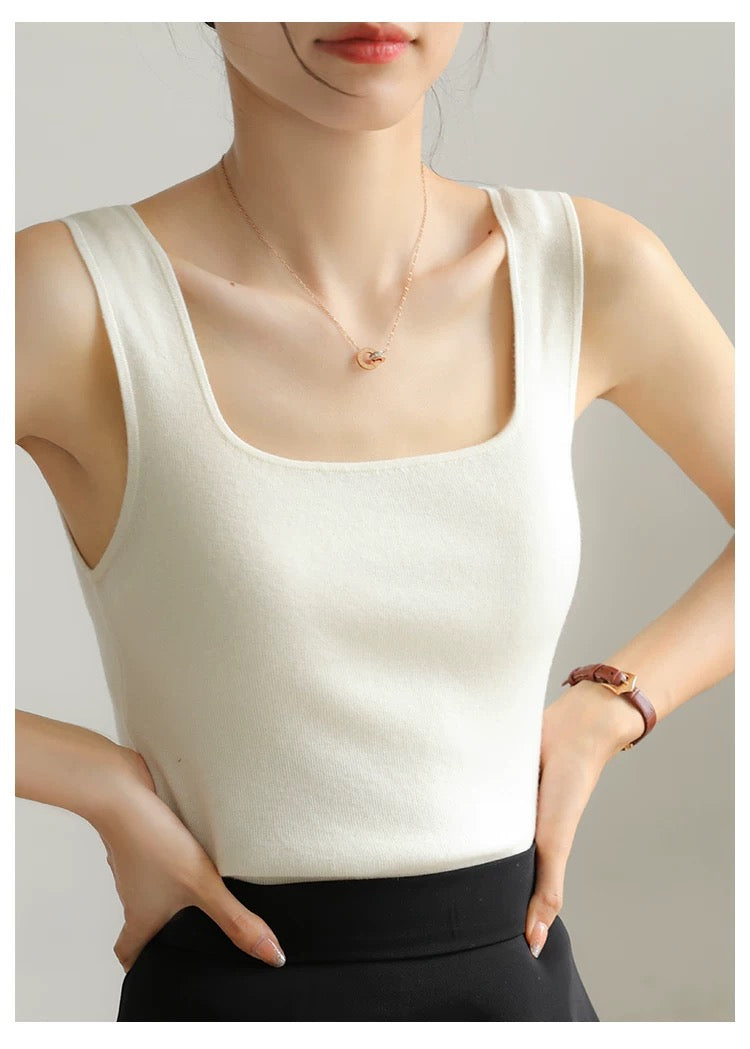 C.WHITE-French - style Square - neck Ice Silk Sling Vest for Women