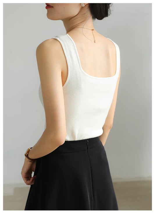 C.WHITE-French - style Square - neck Ice Silk Sling Vest for Women