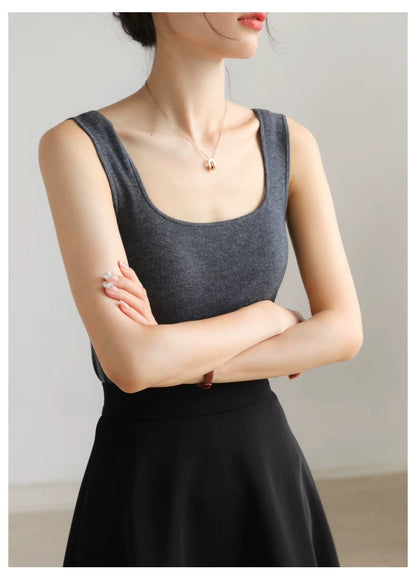 C.GREY-French - style Square - neck Ice Silk Sling Vest for Women