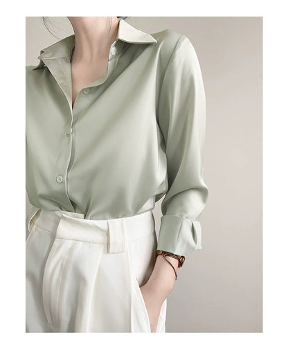 F.GREEN-Women's Satin Blouse with a Professional and Sophisticated Aesthetic for Commuting