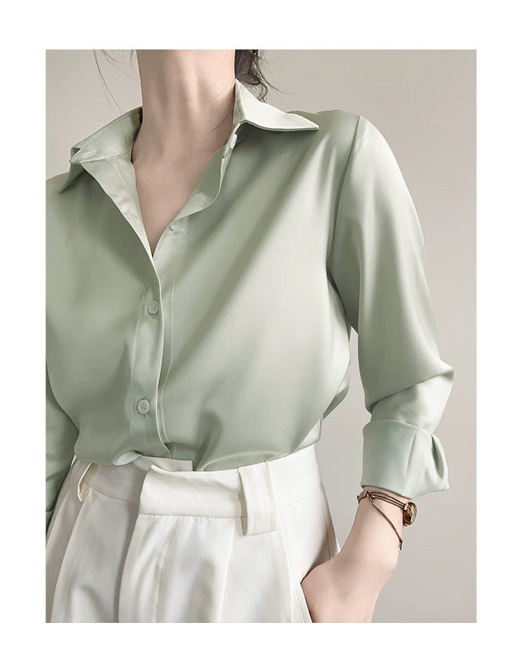 F.GREEN-Women's Satin Blouse with a Professional and Sophisticated Aesthetic for Commuting