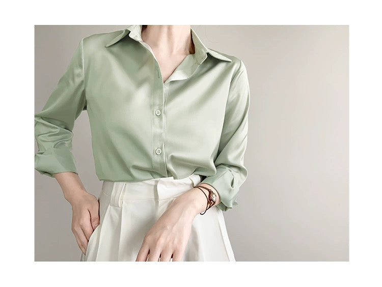 F.GREEN-Women's Satin Blouse with a Professional and Sophisticated Aesthetic for Commuting