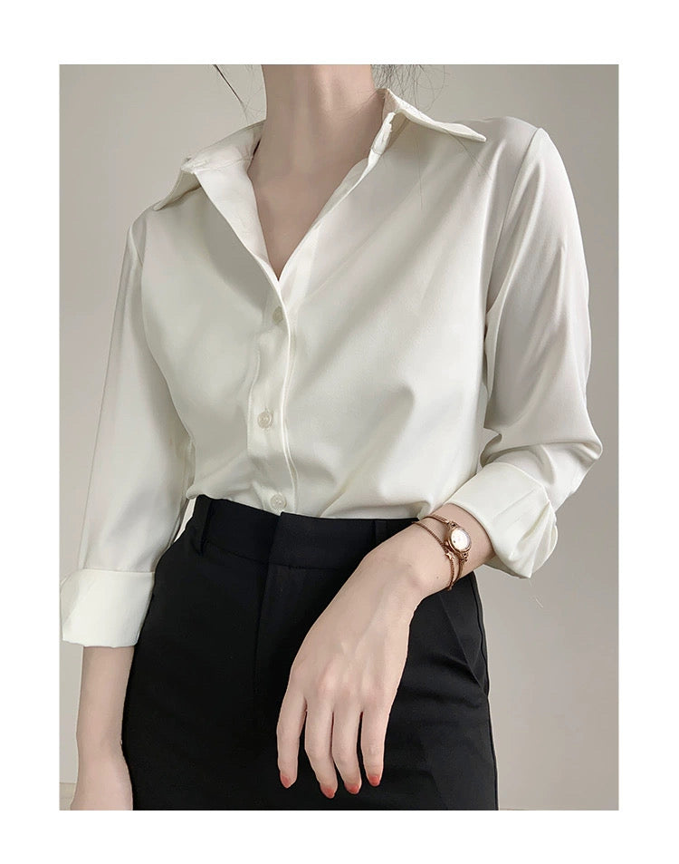 F.WHITE-Women's Satin Blouse with a Professional and Sophisticated Aesthetic for Commuting