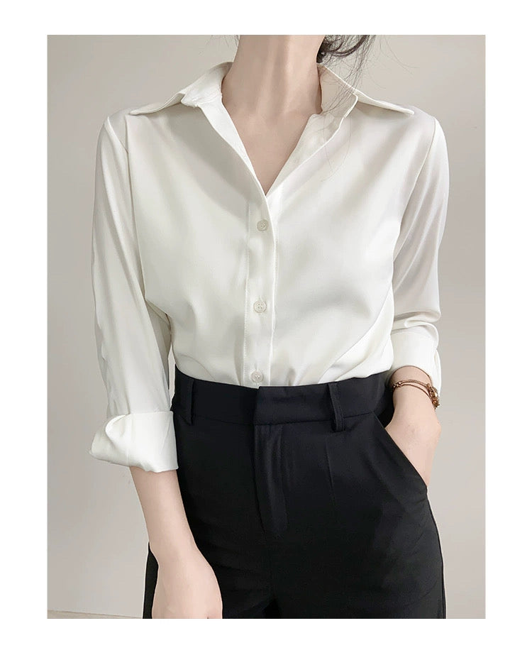 F.WHITE-Women's Satin Blouse with a Professional and Sophisticated Aesthetic for Commuting