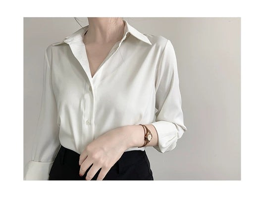 F.WHITE-Women's Satin Blouse with a Professional and Sophisticated Aesthetic for Commuting