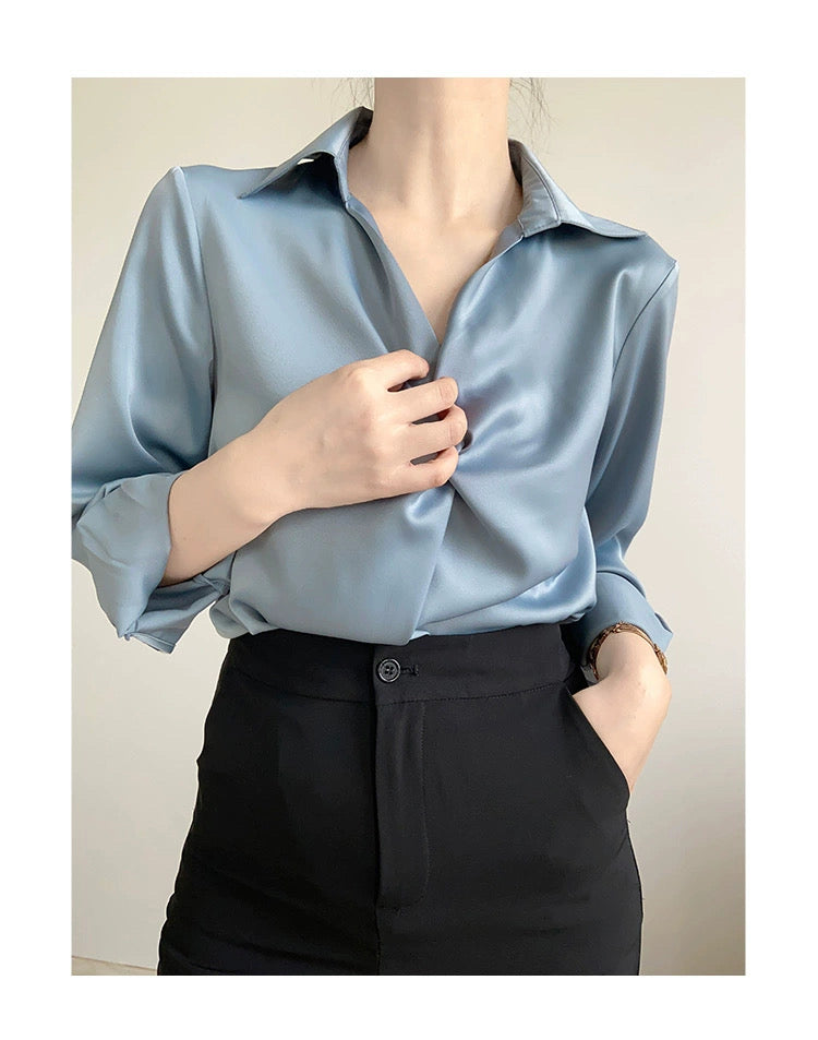 G.BLUE-Women's Satin Blouse for Professional Commuting, featuring a Ruffled Design