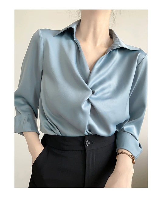 G.BLUE-Women's Satin Blouse for Professional Commuting, featuring a Ruffled Design