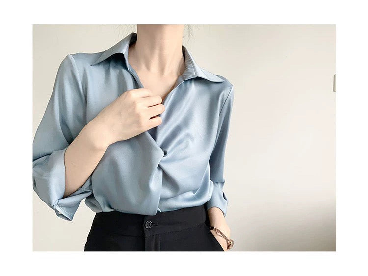 G.BLUE-Women's Satin Blouse for Professional Commuting, featuring a Ruffled Design