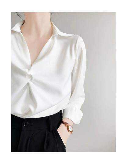 G.WHITE-Women's Satin Blouse for Professional Commuting, featuring a Ruffled Design