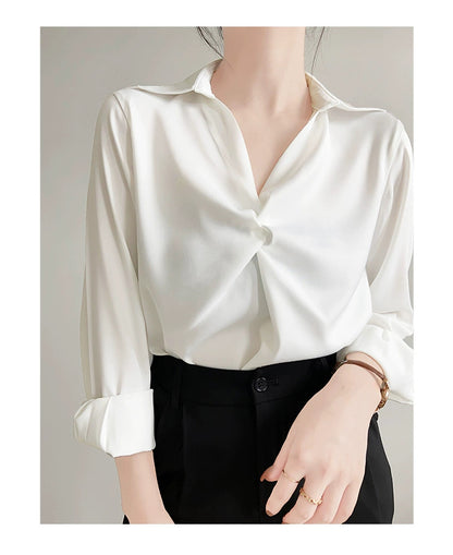 G.WHITE-Women's Satin Blouse for Professional Commuting, featuring a Ruffled Design