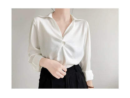 G.WHITE-Women's Satin Blouse for Professional Commuting, featuring a Ruffled Design